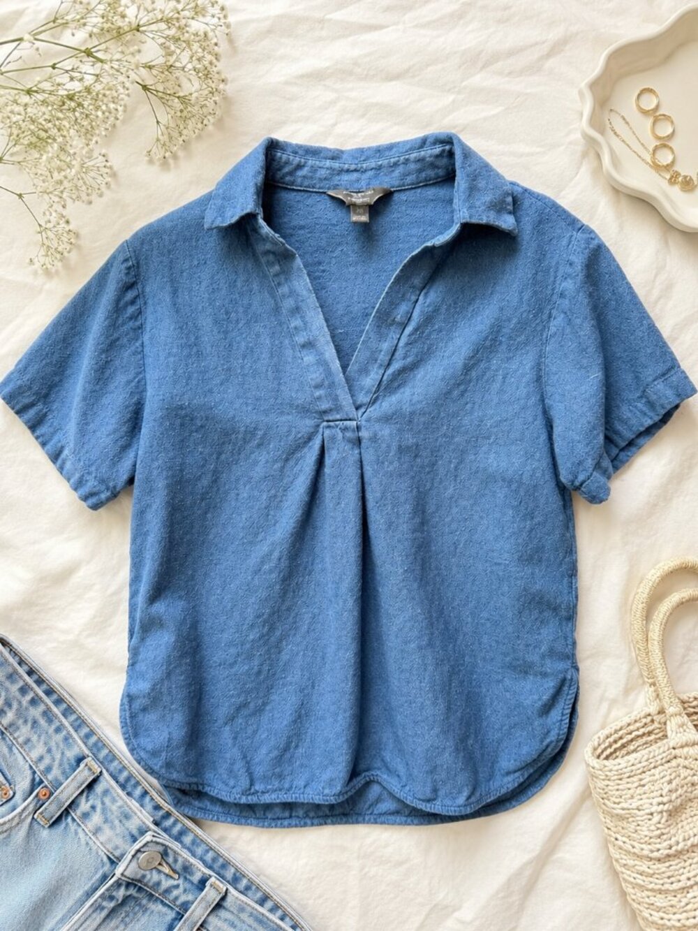 Banana Republic Linen Blend Popover Top Blue Short Sleeve Collared Blouse XS